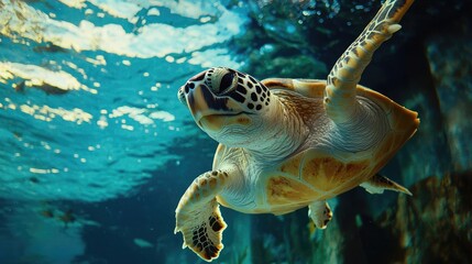 Fototapeta premium A graceful turtle gliding underwater, showcasing vibrant colors and serene aquatic beauty in its natural habitat.