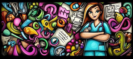 Obraz premium A colorful illustration featuring a nurse among vibrant, abstract medical-themed elements.