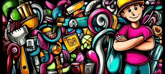 A colorful illustration featuring a smiling character surrounded by various tools and objects.