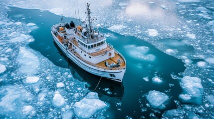 Research Vessel Near Glacier in Icy Waters, morning lighting ambient