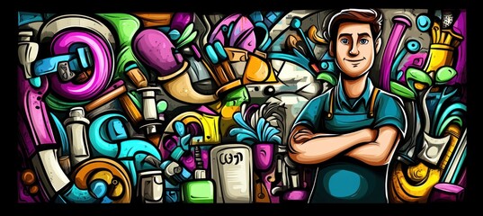 A colorful illustration of a confident person surrounded by artistic tools and supplies.