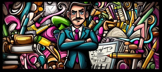 Obraz premium A stylized illustration featuring a man in a suit surrounded by colorful office supplies and books.