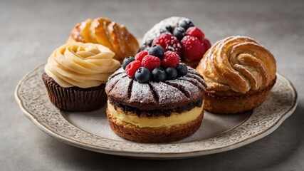 A variety of delicious pastries, including cream-filled buns, cupcakes, and berry-topped desserts, beautifully arranged on a decorative plate.
