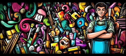 Obraz premium A cheerful artist stands among colorful art supplies and tools, showcasing creativity and passion.
