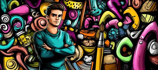A young man stands confidently against a vibrant, abstract background full of colorful shapes.