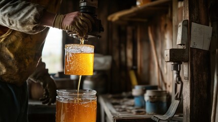 A person pours honey into a jar in a rustic workshop.