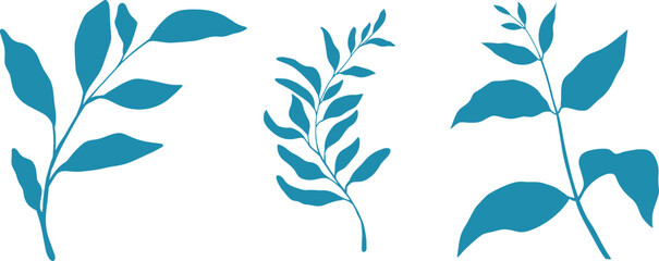 Botanical Leaves Illustration. Simple leaves botanical branches with stem and foliage isolated on white Background
