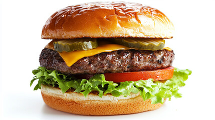Delicious classic cheeseburger with fresh lettuce, tomato, pickles, and melted cheese on toasted bun, perfect for satisfying meal
