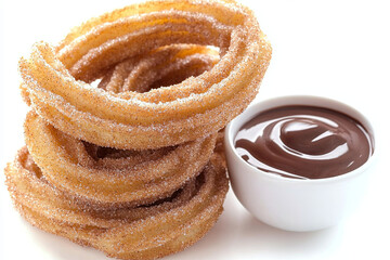 Fototapeta premium Delicious churros stacked high, coated in sugar and cinnamon, served with rich chocolate dipping sauce. Perfect for dessert lovers!
