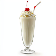 Creamy milkshake topped with whipped cream and cherry, served in tall glass with straw, perfect for refreshing treat