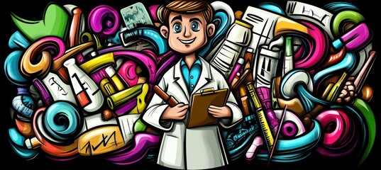 Obraz premium A cheerful scientist surrounded by colorful lab equipment and tools, symbolizing innovation.