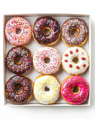 Delicious assorted donuts in box, featuring vibrant colors and various toppings, including sprinkles and icing. Perfect for sharing or enjoying sweet treat!