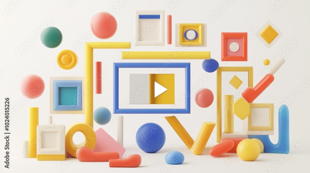 Poster colorful abstract shapes and frames arranged artistically with a play button in the center.