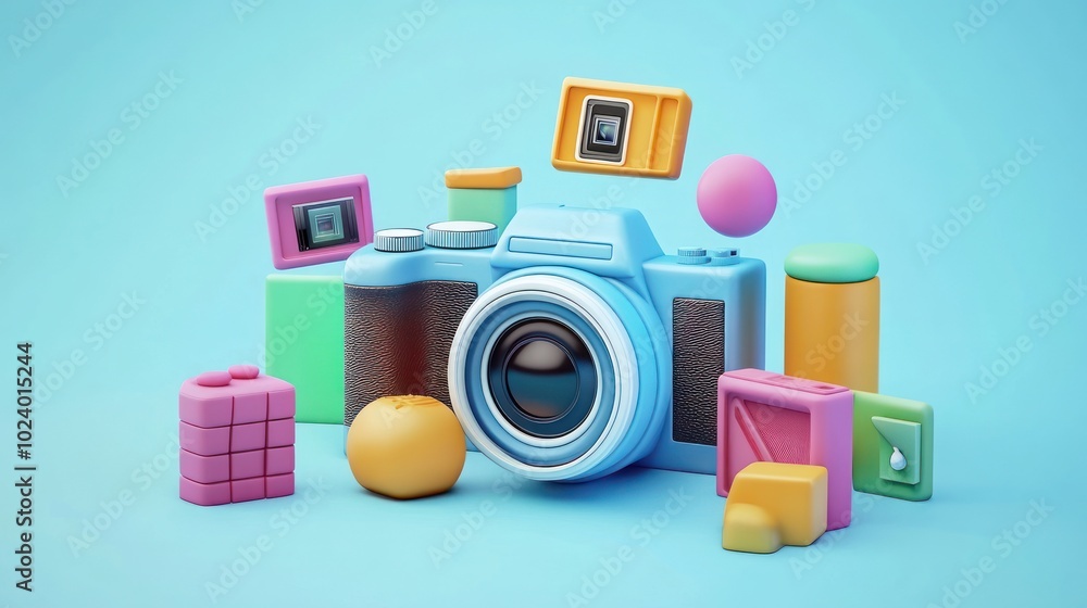 Poster a playful arrangement of a camera surrounded by colorful geometric shapes and objects.
