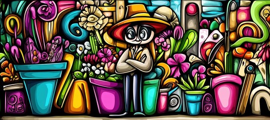 Obraz premium A colorful garden scene featuring a cartoonish character among vibrant flower pots and plants.
