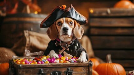 Naklejka premium A beagle dressed as a pirate surrounded by candy and pumpkins for Halloween.
