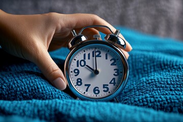 Detailed close-up of a hand reaching for an alarm clock, showing the texture of the bedding, soft morning light, and the reflection on the clockâ€™s surface
