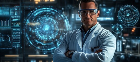 A scientist in a lab coat stands confidently against a digital interface with data visuals.