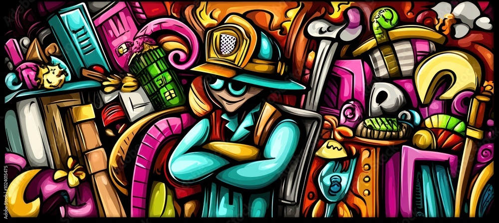 Poster a colorful illustration featuring a confident character surrounded by vibrant objects and tools.