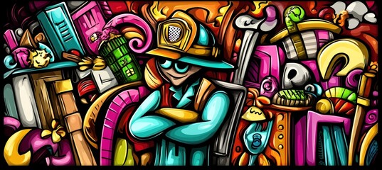 A colorful illustration featuring a confident character surrounded by vibrant objects and tools.