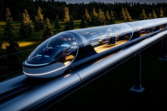 Digital 3D animation of hyperloop travel, where pods move through transparent tubes across a futuristic landscape, displaying the incredible speed and technology of the system
