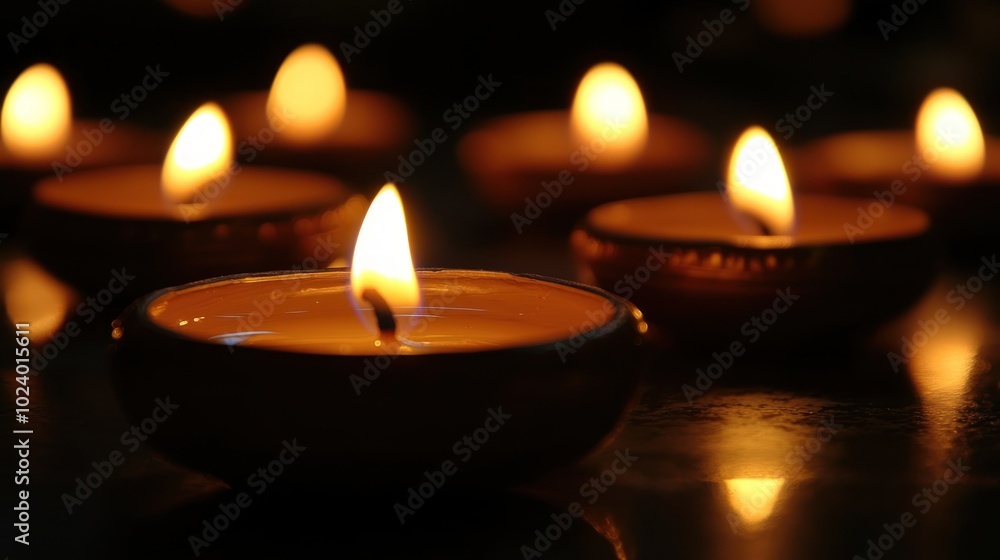 Poster an array of decorative candles lit in a dark room, casting a warm and inviting glow that enhances th