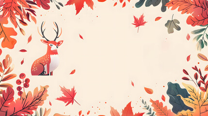 Illustration of cute woodland animals with autumn leaves forming a border on a beige background. Concept of autumn and nature