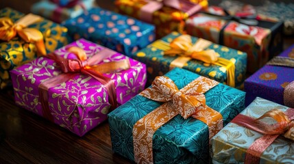 A beautifully wrapped selection of Diwali gifts arranged on a table, featuring colorful ribbons and decorative papers