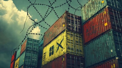 Fototapeta premium A striking scene of colorful shipping containers surrounded by barbed wire and cloudy skies, symbolizing security and trade.