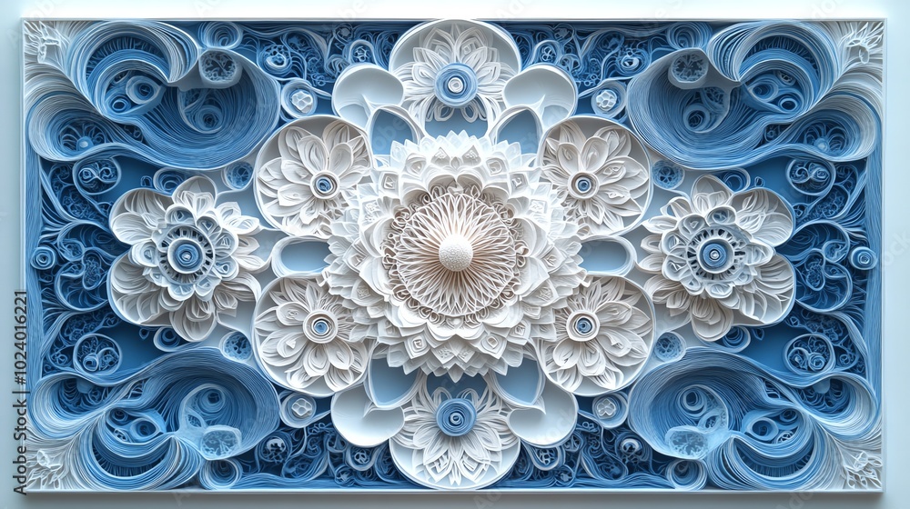 Poster intricate paper cut fractal designs with repeating, abstract patterns and delicate layers, paper cut