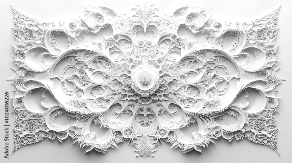 Poster intricate paper cut fractal designs with repeating, abstract patterns and delicate layers, paper cut