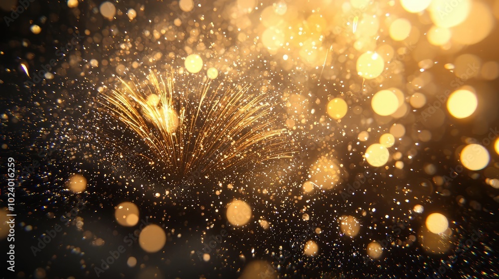 Poster a beautiful display of golden sparks and shimmering bokeh lights creating a magical atmosphere for c