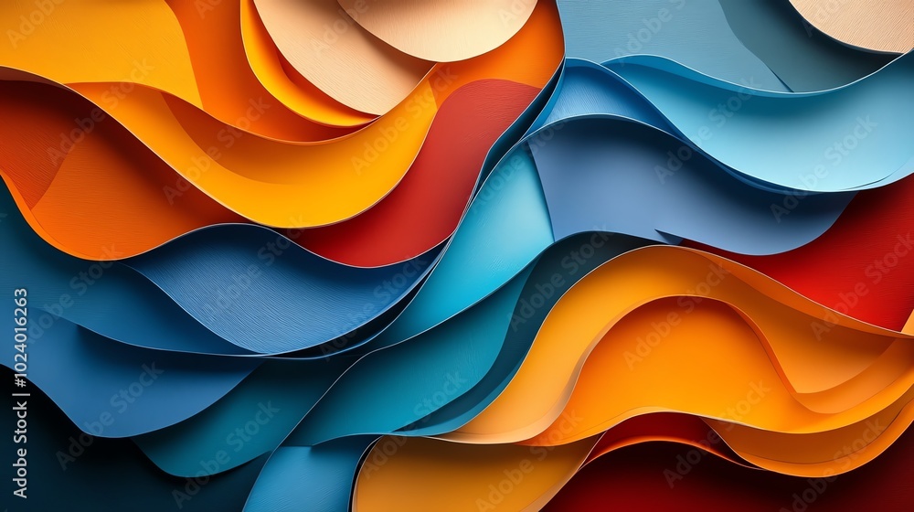 Poster layered paper cut abstract shapes with sharp angles and bold colors, creating dynamic movement, pape