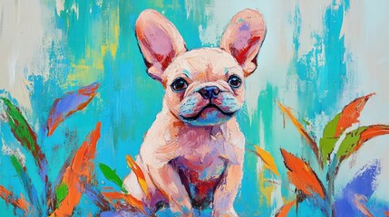 A vibrant painting of a French Bulldog surrounded by colorful foliage.