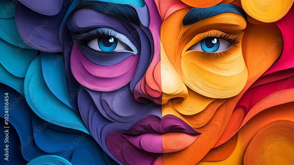 Poster paper cut abstract face with fragmented shapes, deconstructing human features in vibrant layers, pap
