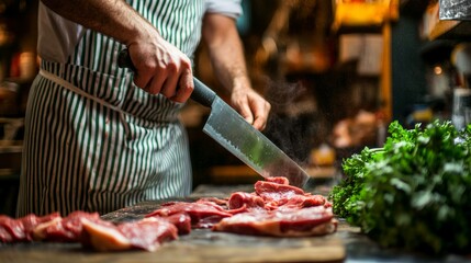 Butcher Preparing Fresh Meat in a Shop