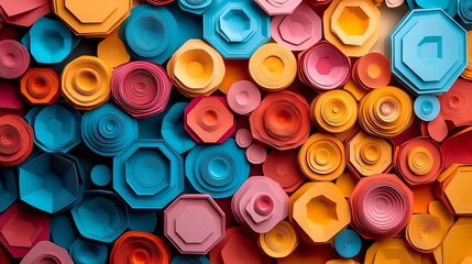 Multilayered paper cut hexagons arranged in a chaotic yet balanced abstract design, paper cut hexagons, abstract geometric decor