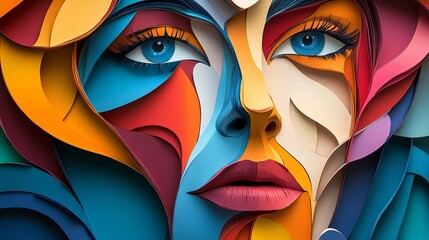 Paper cut abstract face with fragmented shapes, deconstructing human features in vibrant layers, paper cut face, abstract portrait design