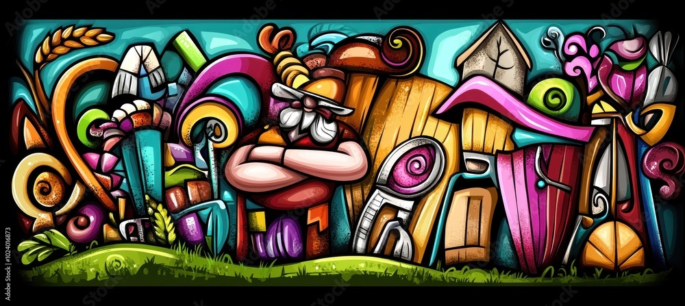 Wall mural A whimsical scene featuring a colorful village with a character amidst vibrant structures.