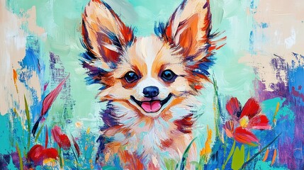 A vibrant painting of a happy Chihuahua surrounded by colorful flowers in a cheerful setting.