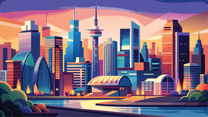 Vibrant Urban Cityscape Vector Art Towering Skyscrapers in a Dynamic City Background Illustration