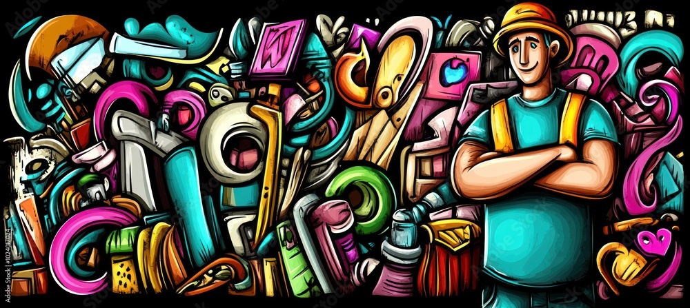 Poster a colorful illustration featuring a worker amidst various tools and objects.