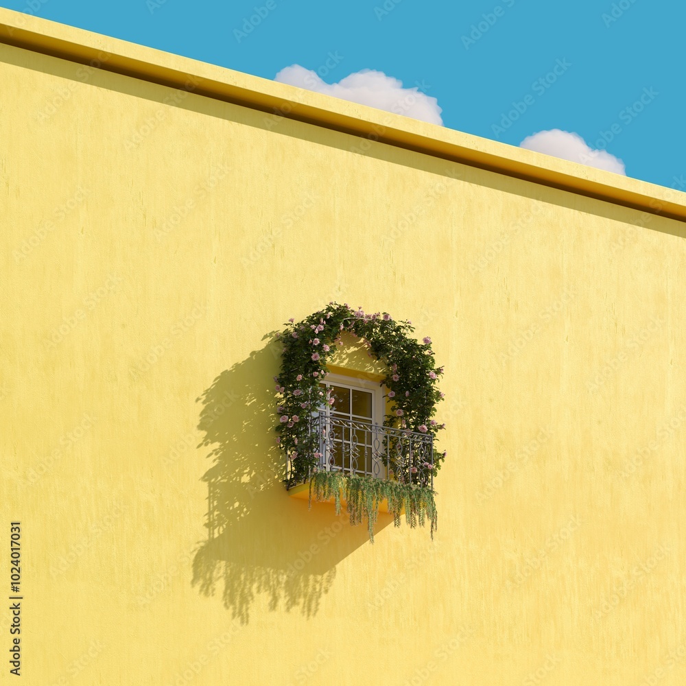Aufkleber windows on yellow building with balcony into sky minimal arch building . 3d rendering. minimal idea 