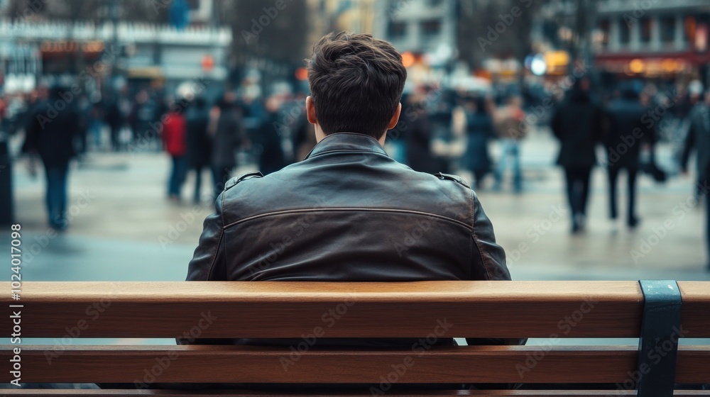 Poster A person sitting on a bench, observing a busy public space filled with people.