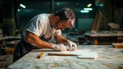 Sculptor Shaping Marble in Art Studio