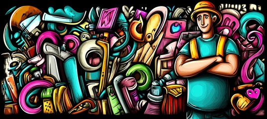 A colorful illustration featuring a worker amidst various tools and objects.