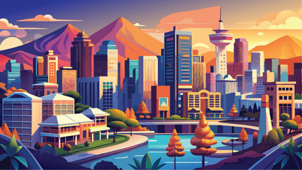 Vibrant Urban Cityscape Vector Art Towering Skyscrapers in a Dynamic City Background Illustration