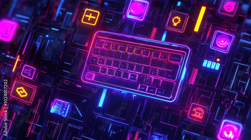Poster a futuristic keyboard surrounded by glowing icons on a circuit-like background.