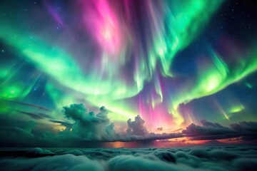 Fototapeta premium High angle view of green clouds and pink aurora in the background