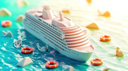 A stylized cruise ship surrounded by lifebuoys and rocks in a vibrant ocean setting.